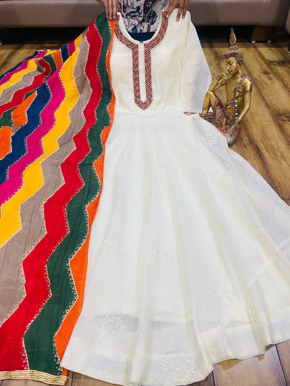 White Anarkali Suit In Chanderi Silk With Sequence Work