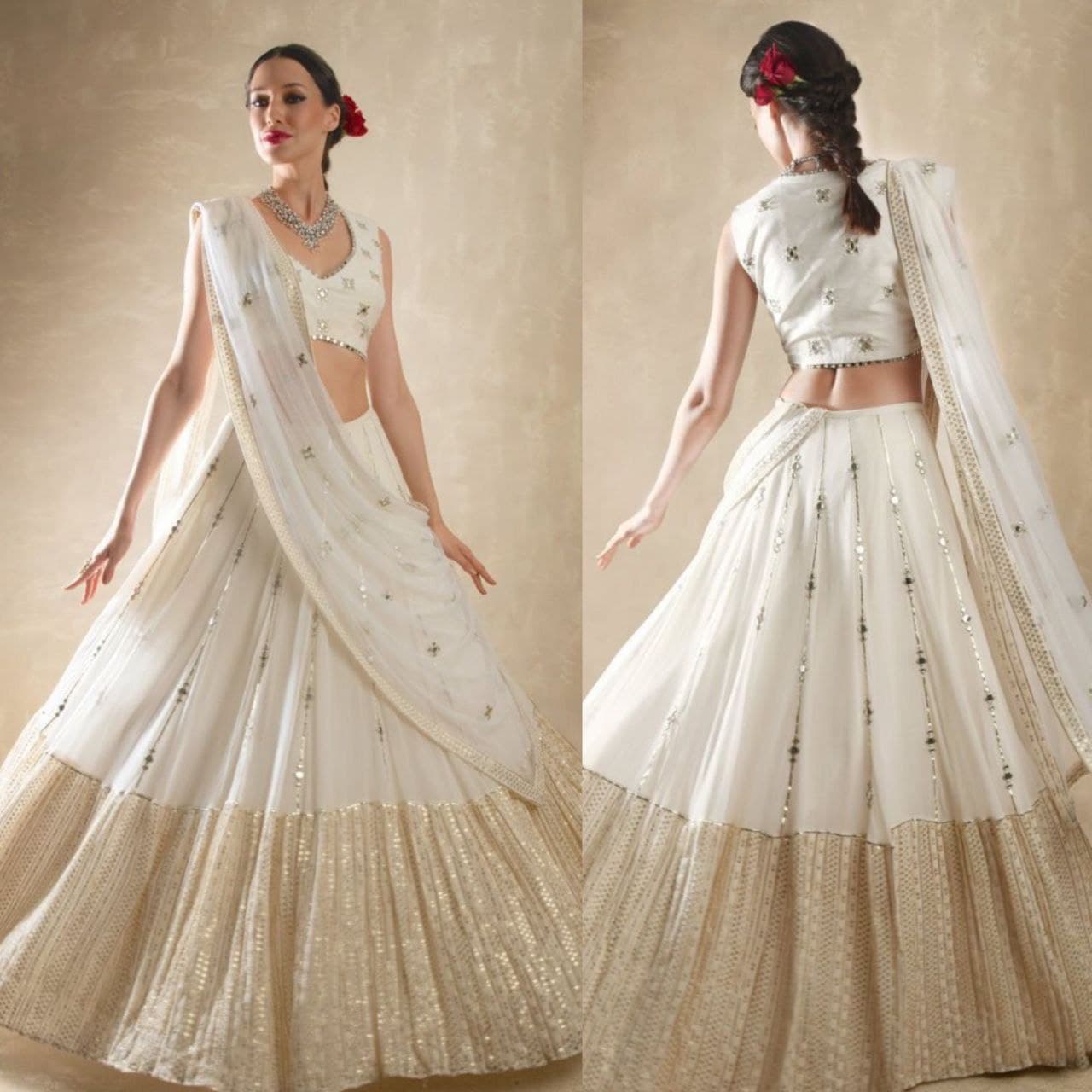 White Lehenga Choli In Crystal Silk With Sequence Work