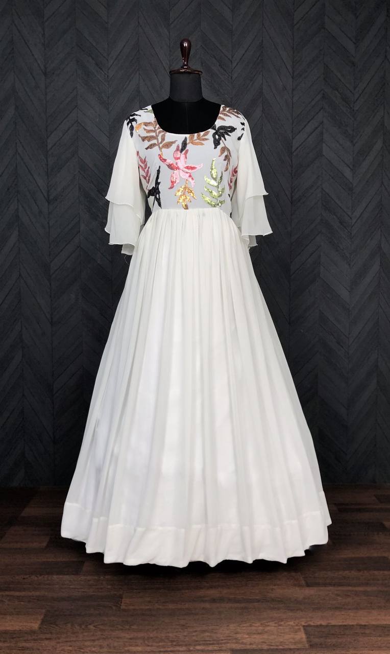 White Faux Blooming Sequence Embroidery Work Gown