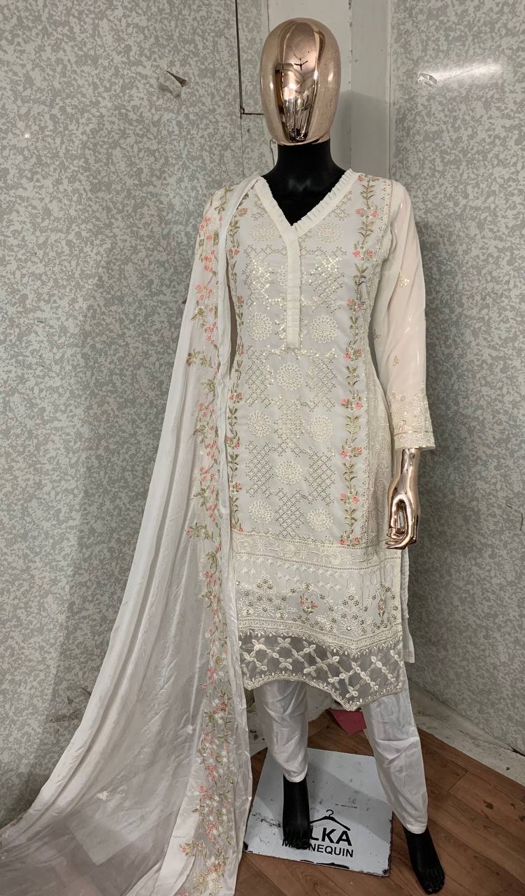 White Salwar Suit In Faux Georgette With Embroidery Work