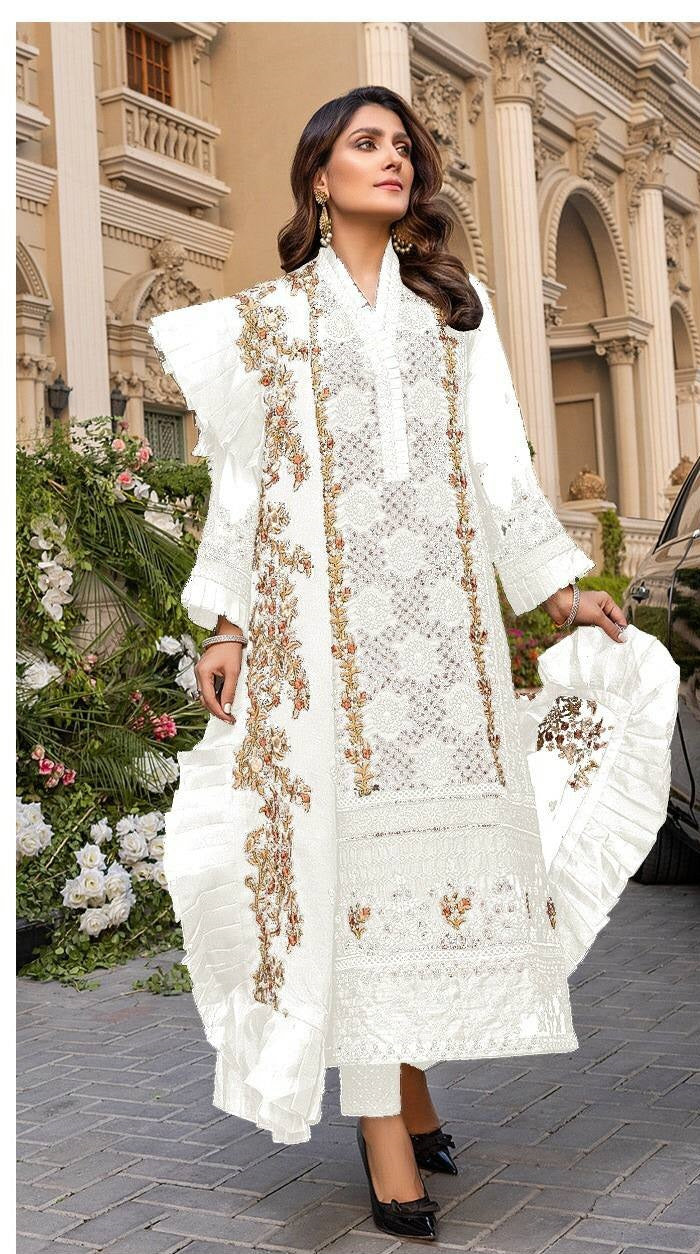 White Salwar Suit In Faux Georgette With Embroidery Work