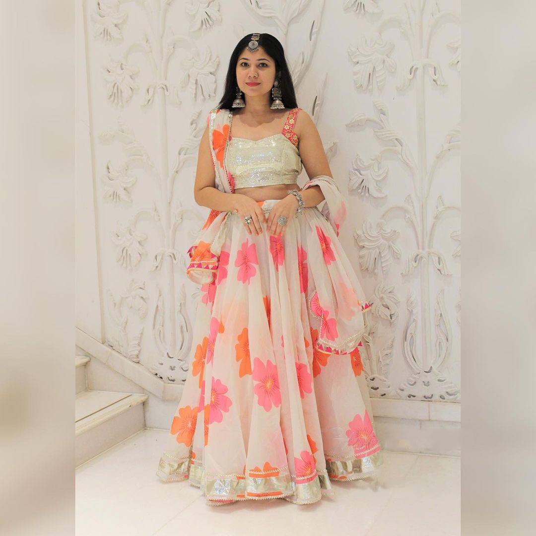 White Lehenga Choli In Fox Georgette With Digital Print