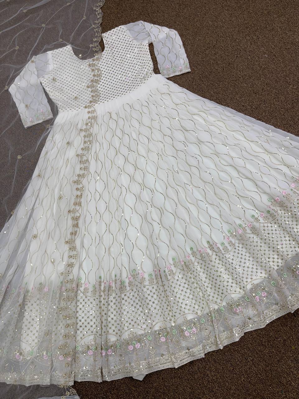 White Gown In Fox Georgette With Embroidery Work