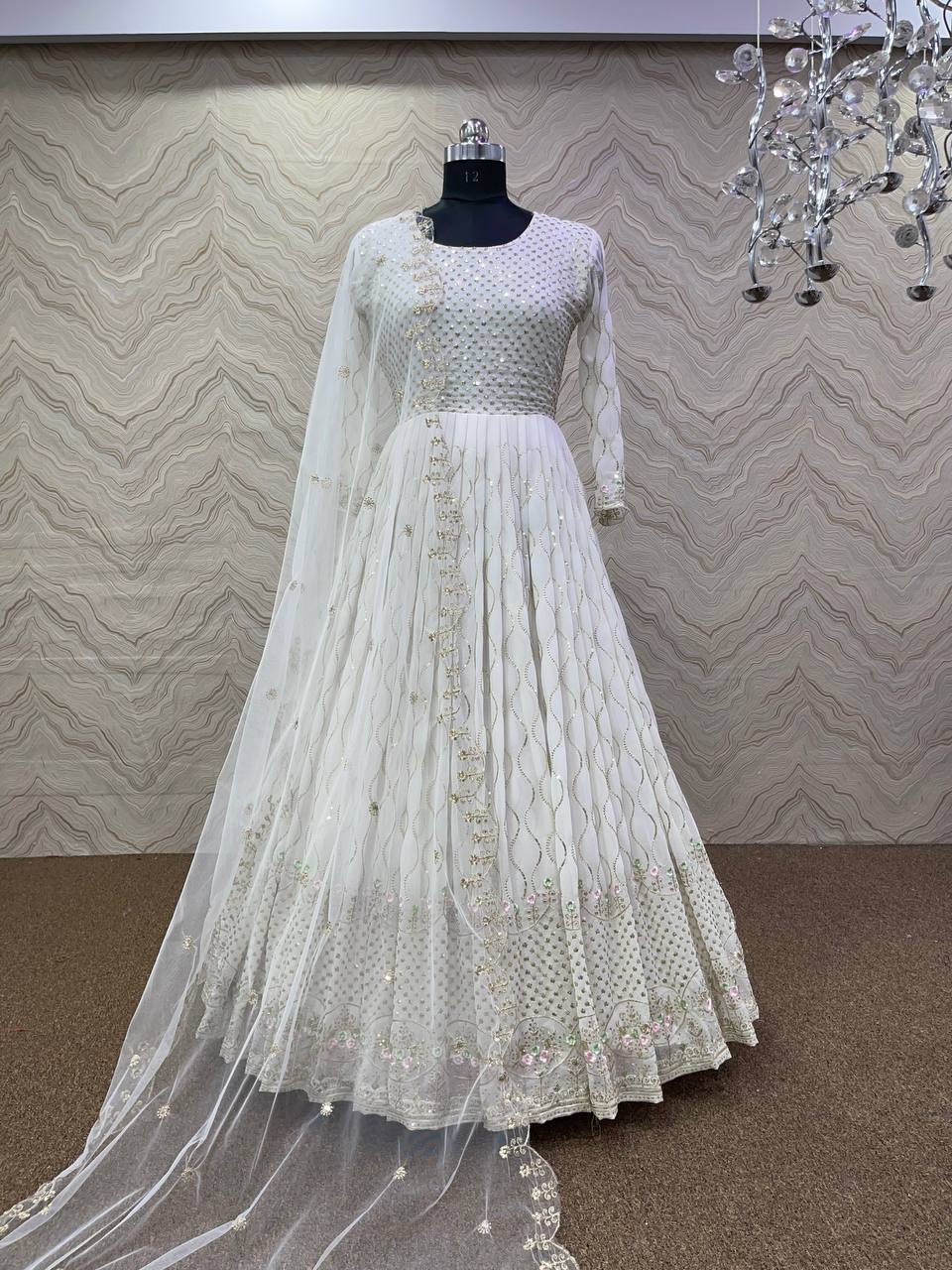 White Gown In Fox Georgette With Embroidery Work