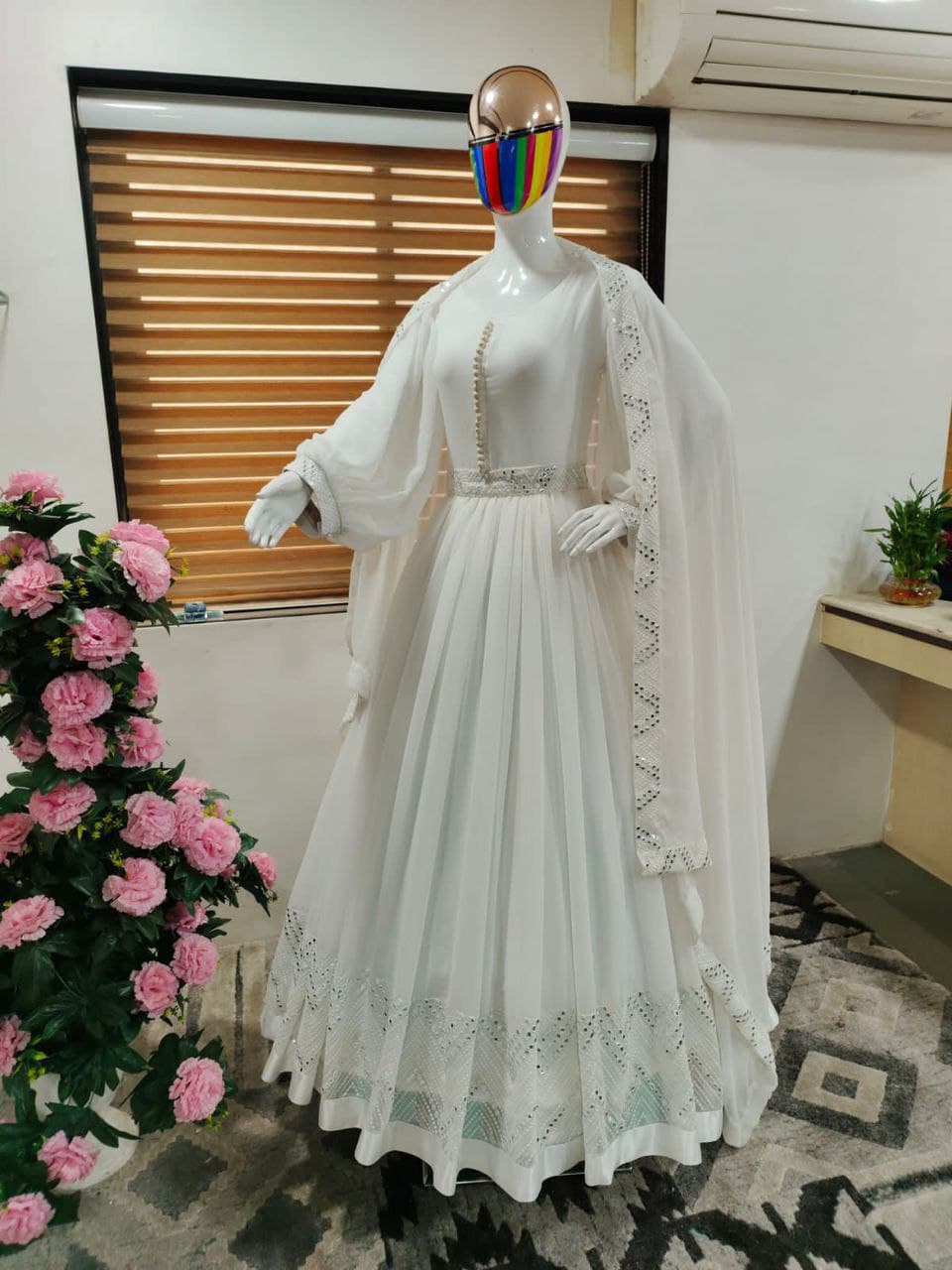 White Georgette Mirror Embroidery Work Gown With Fancy Belt