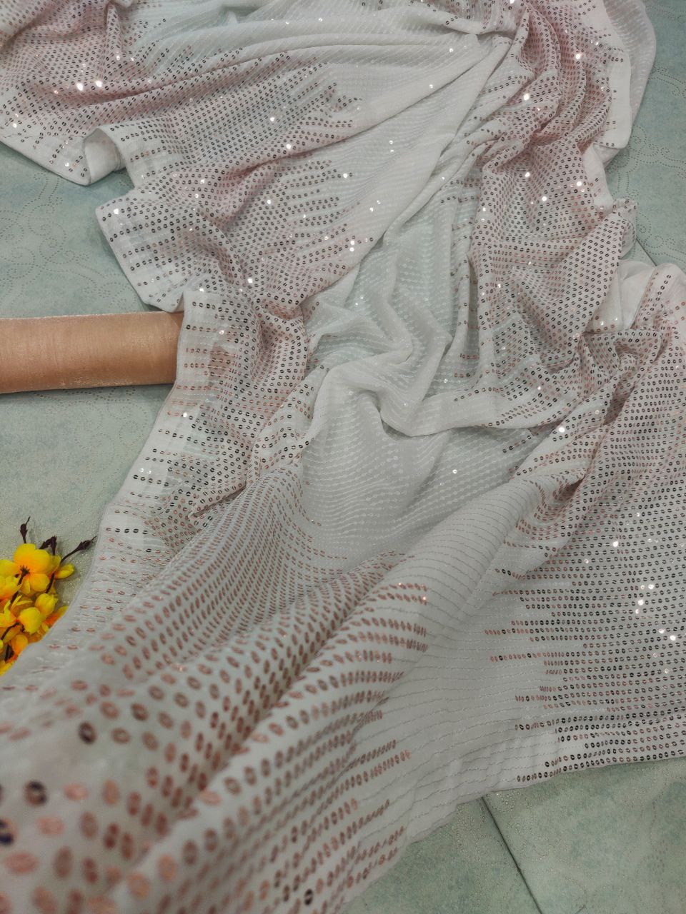 White Saree In Georgette Silk With 5 MM Sequence Work