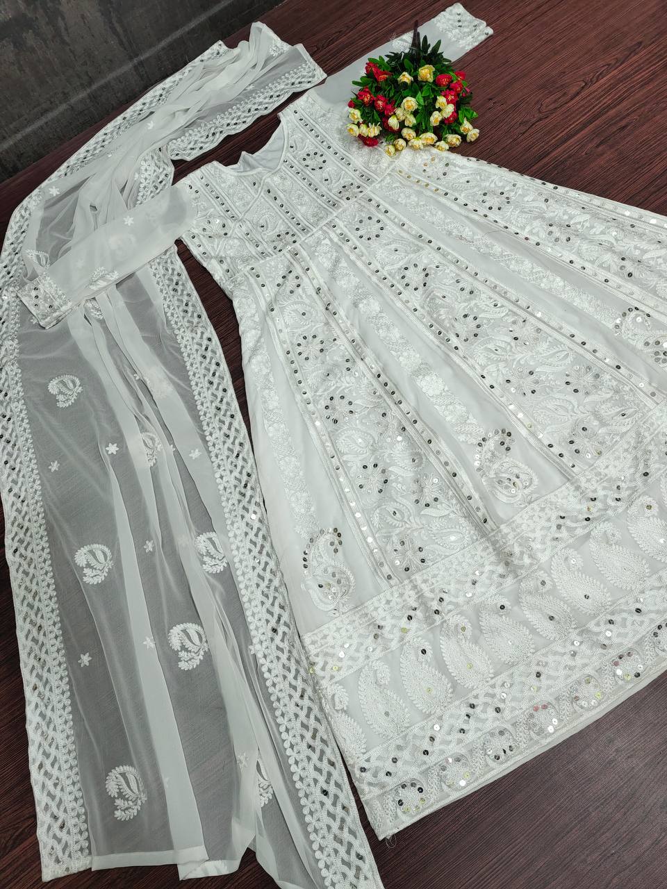 White Anarkali Suit In Georgette Silk With Chain Stitch Work