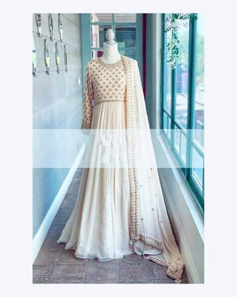 White Anarkali Suit In Georgette Silk With Embroidery Work