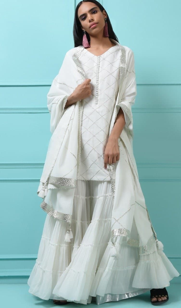 White Sharara Suit In Georgette Silk With Embroidery Work