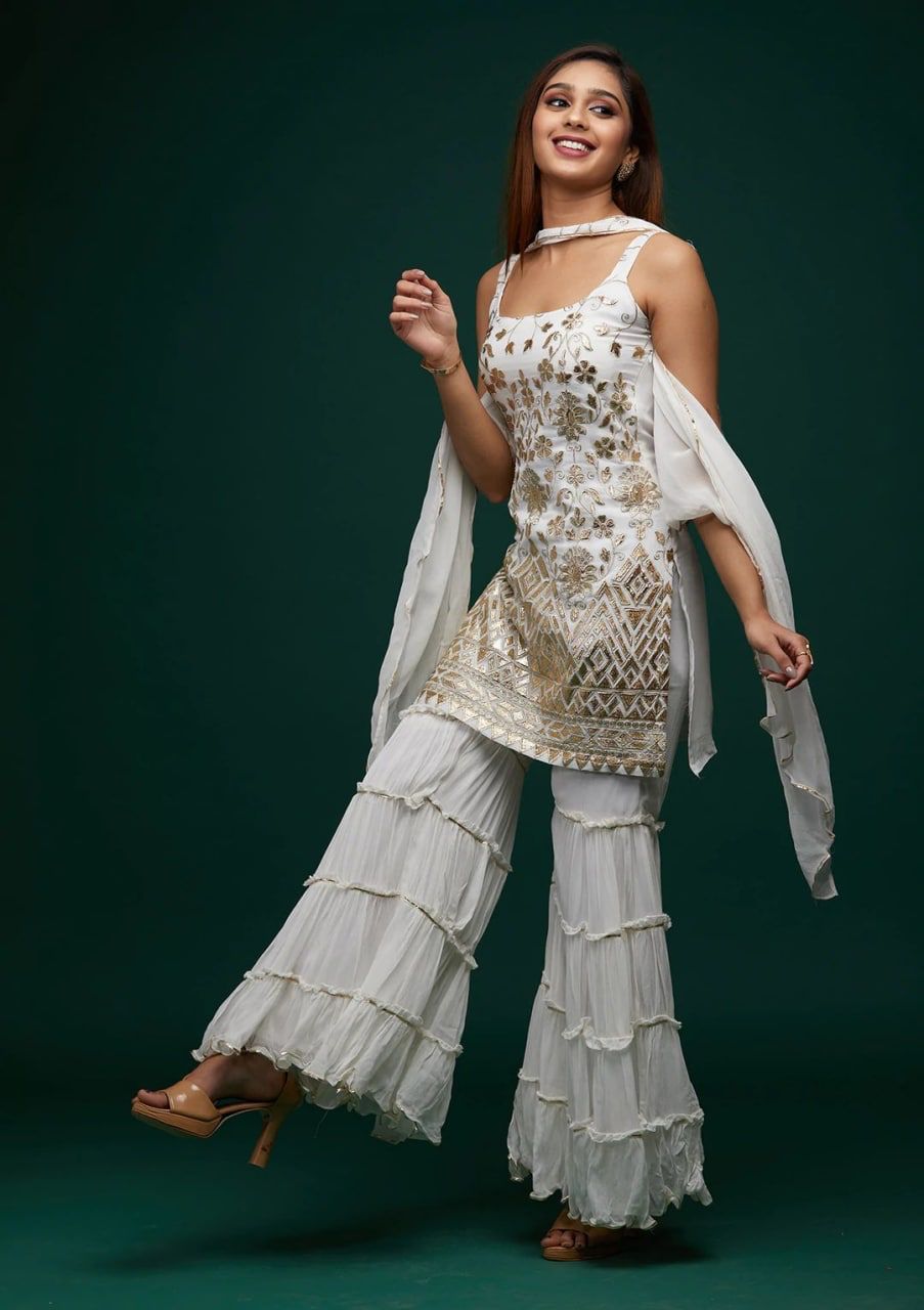 White Sharara Suit In Georgette Silk With Sequence Work