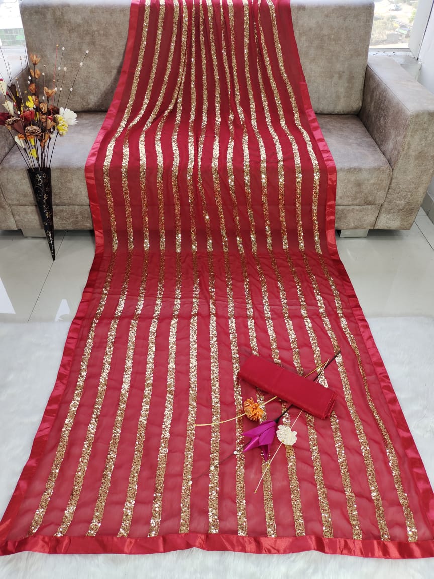 Red Saree In Heavy Georgette With Sequence Work