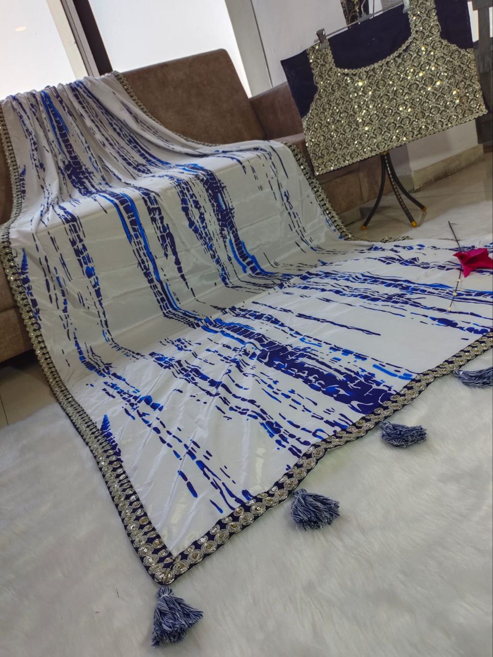 White Saree In Heavy Malai Crape With Shibori Printed