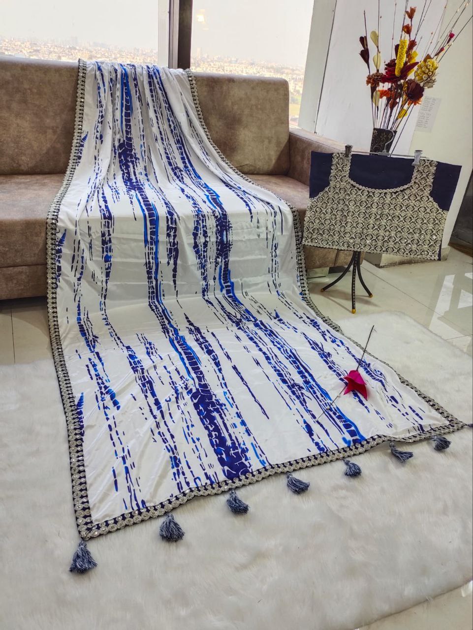 White Saree In Heavy Malai Crape With Shibori Printed