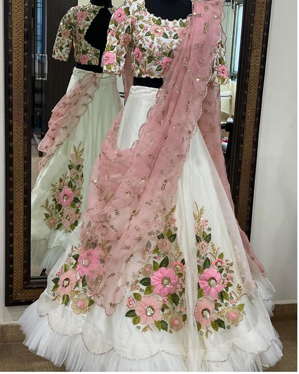 White Lehenga Choli In Tafeta Silk With Chain Stich Work