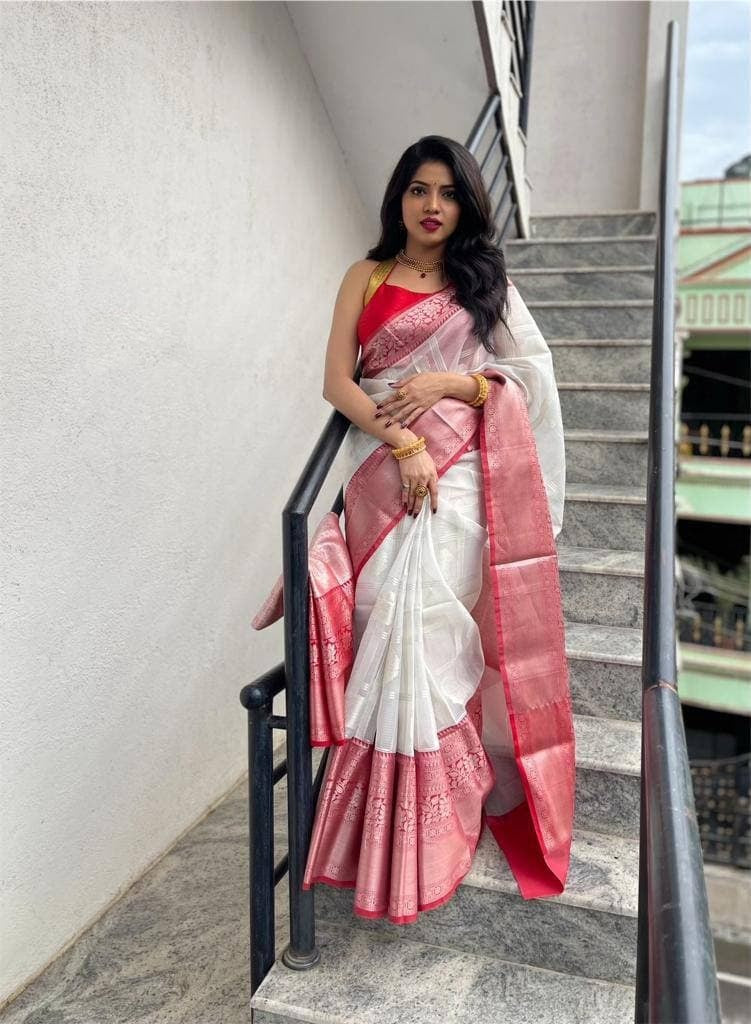 White Lichi Silk Banarasi Saree With Blouse