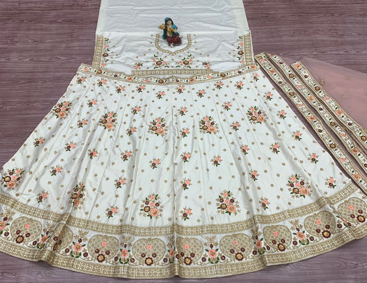 White Lehenga Choli In Malai Silk With Embroidery Work