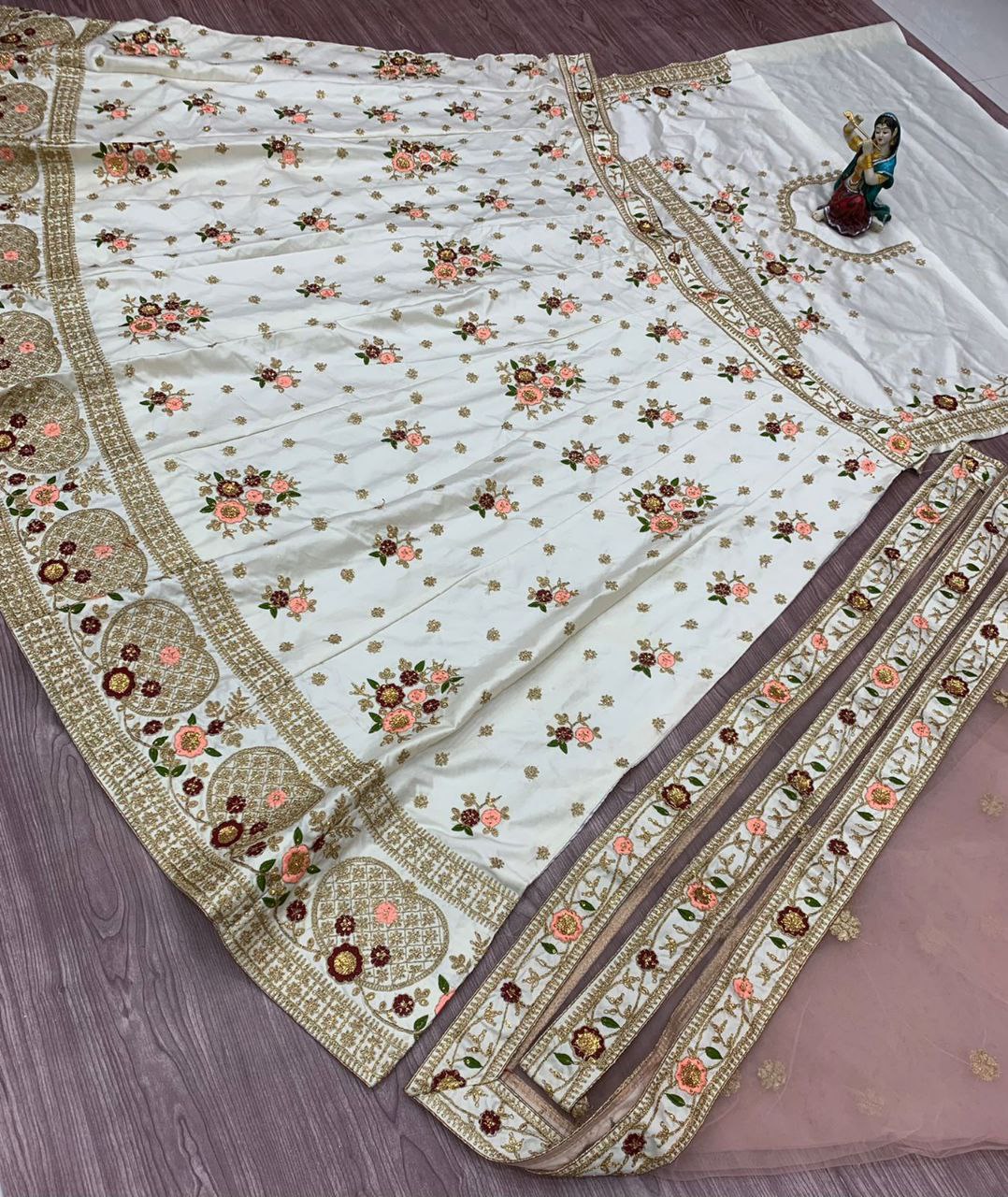 White Lehenga Choli In Malai Silk With Embroidery Work