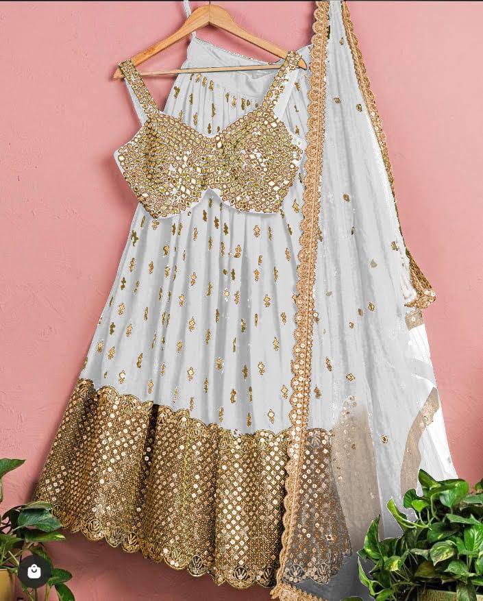 White Lehenga Choli In Faux Georgette With Embroidery Work