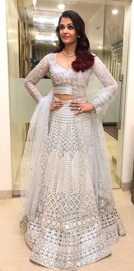 White Lehenga Choli In Nylon Mono Net With Embroidery Work