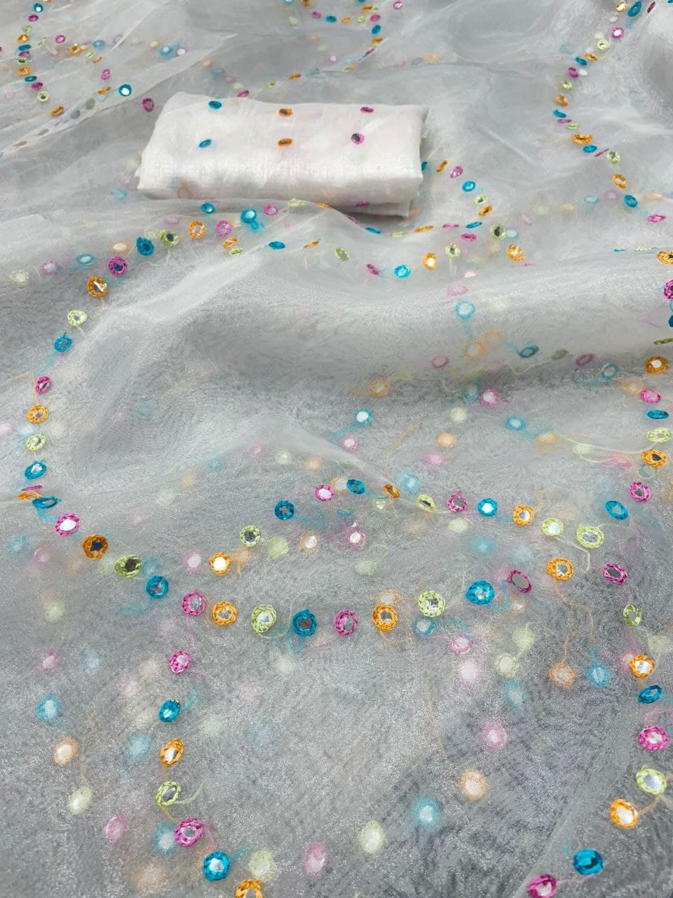 White Saree In Organza Silk With Awsome Bubble Arco Work