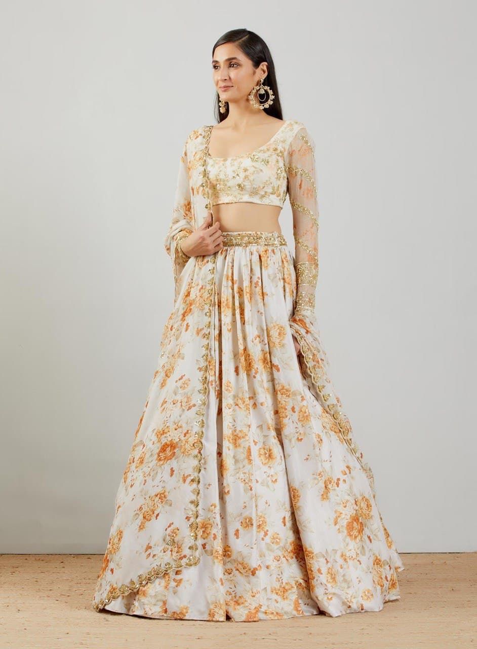 White Lehenga Choli In Organza Silk With Digital Print