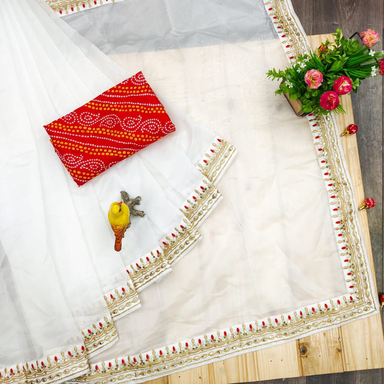 White Saree In Organza Silk With Sequence Dori Work