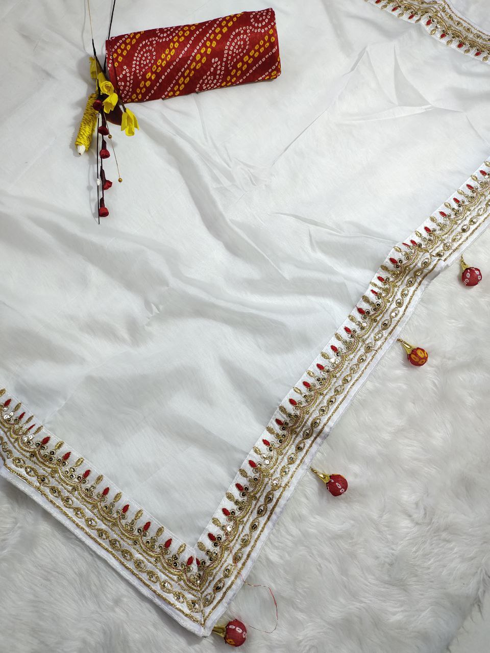 White Saree In Organza Silk With Sequence Dori Work