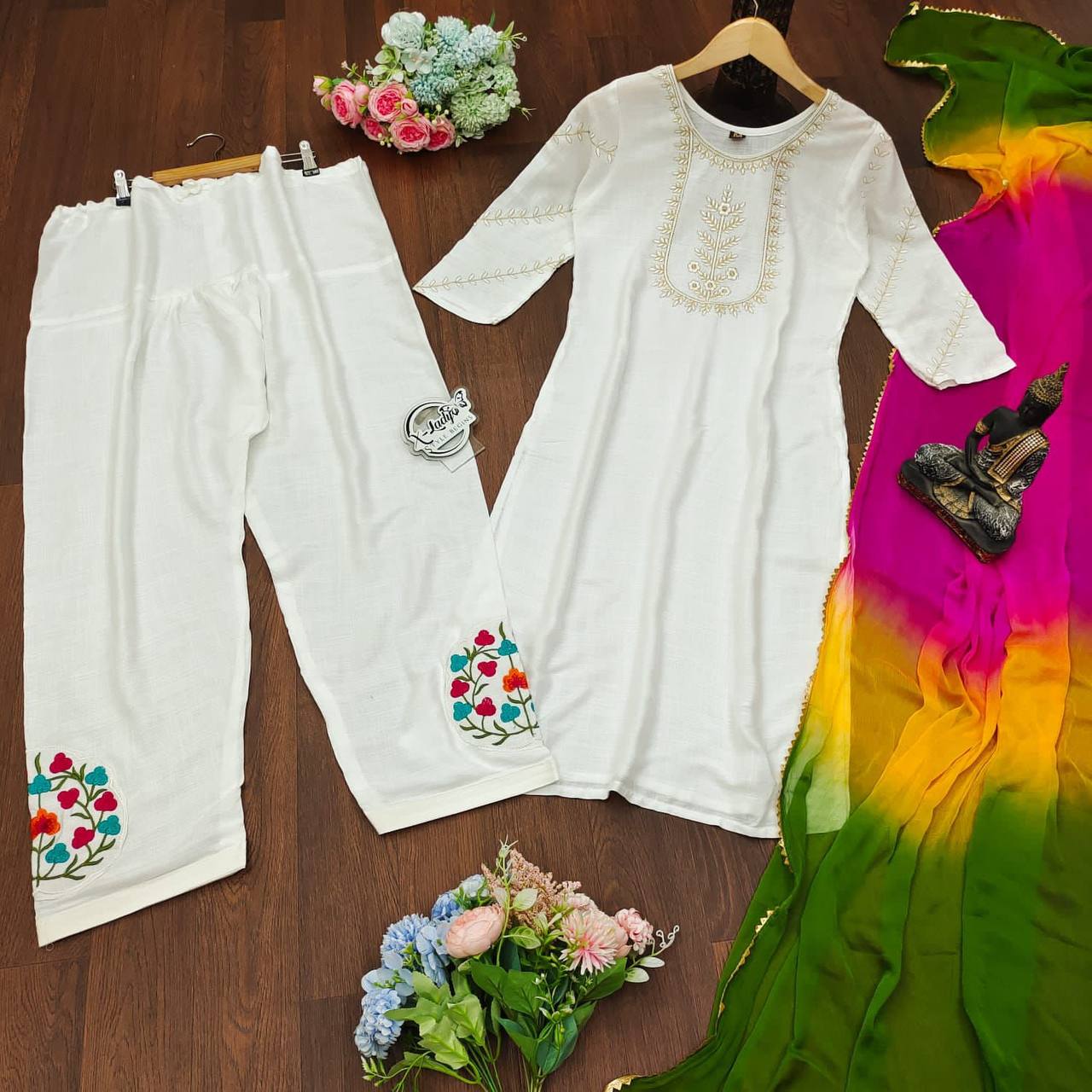 White Salwar Suit In Ryon Cotton With Embroidery Work