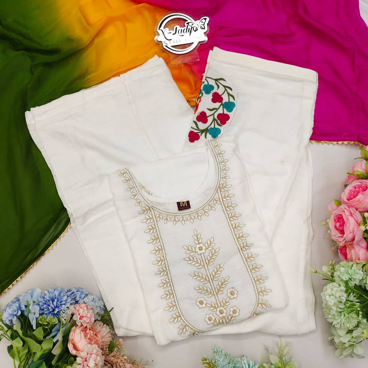 White Salwar Suit In Ryon Cotton With Embroidery Work