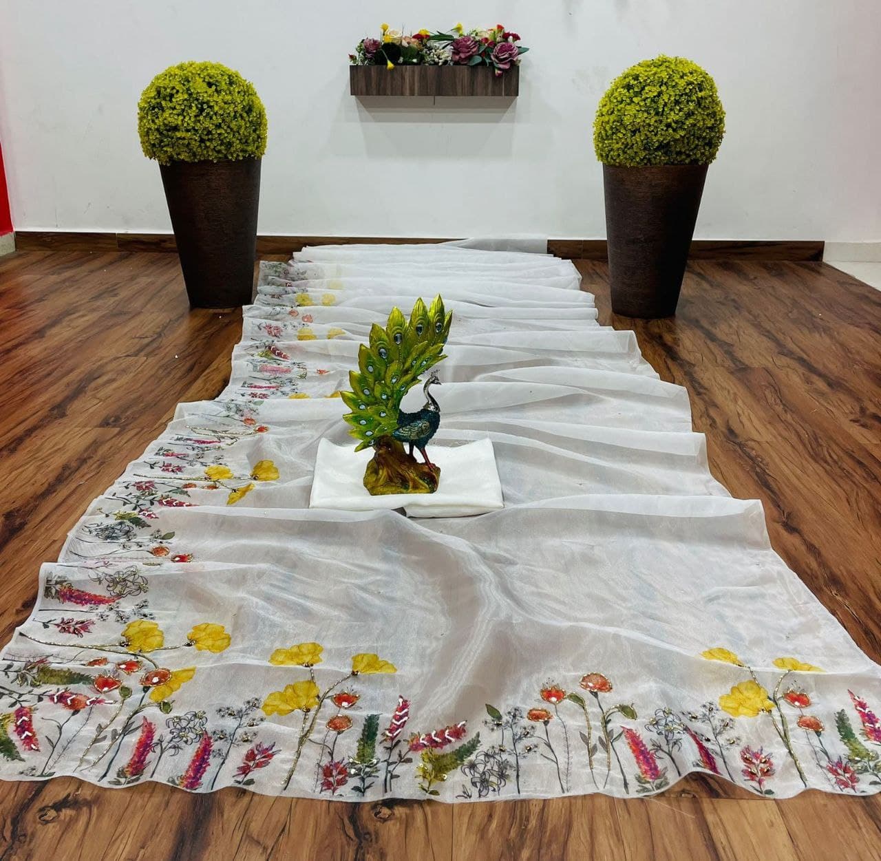 White Saree In Organza Silk With Digital Print