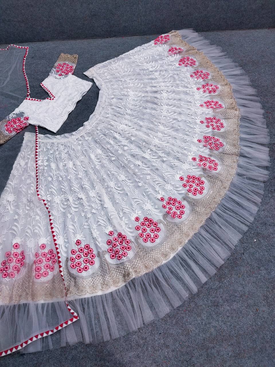 White Lehenga Choli In Soft Nylon Mono Net With Embroidery Work