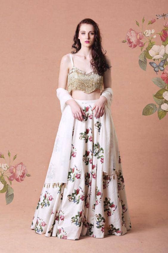 White Lehenga Choli In Taffeta Silk With Digital Print