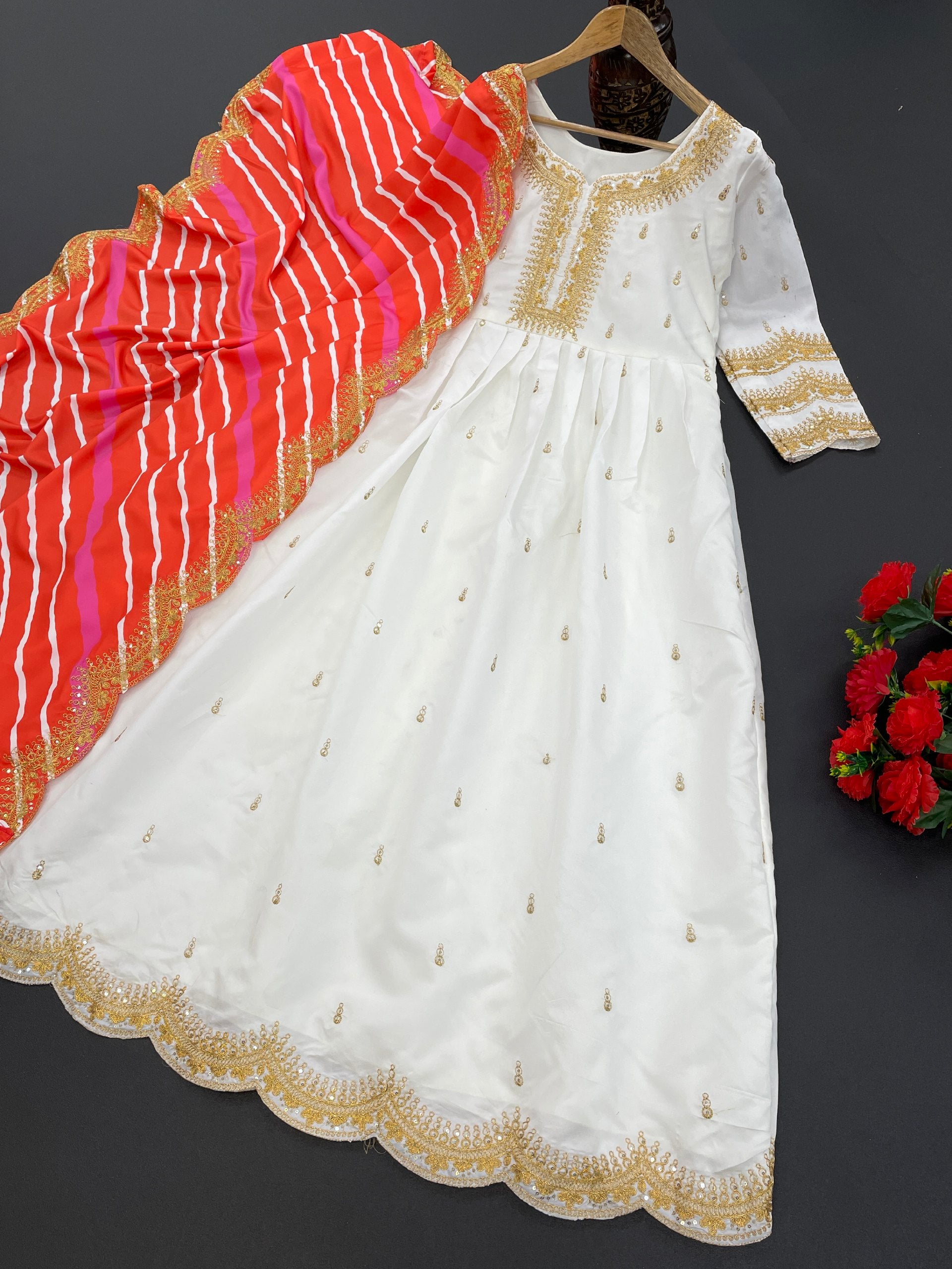 White Anarkali Suit In Taffeta Silk With Thread Work