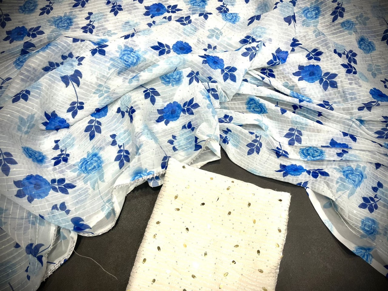 White,Blue Saree In Georgette With Sequence Work