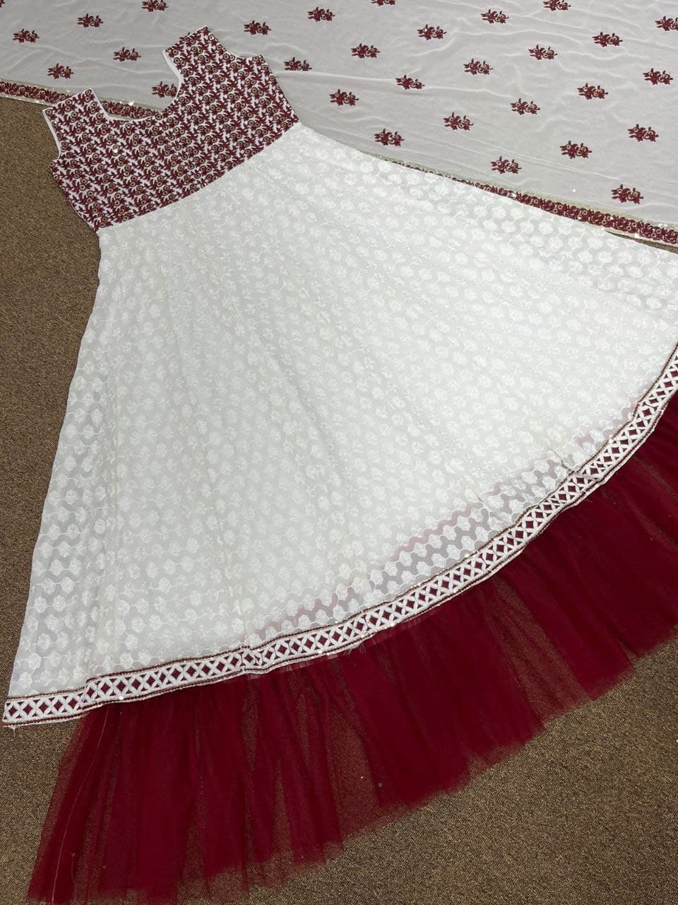 White, Maroon Anarkali Suit In Fox Georgette Silk With Embroidery Work