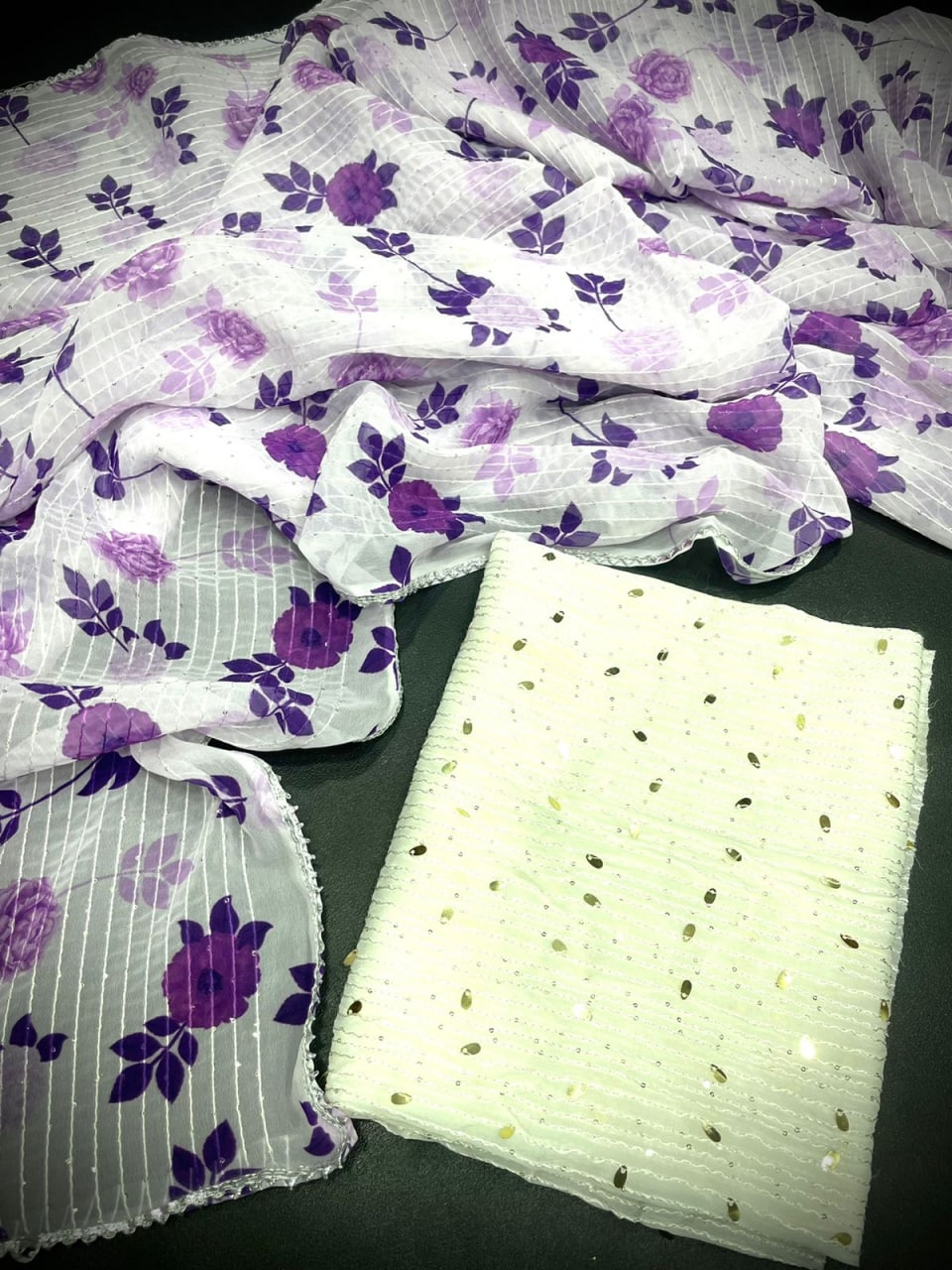 White,Purple Saree In Georgette With Sequence Work