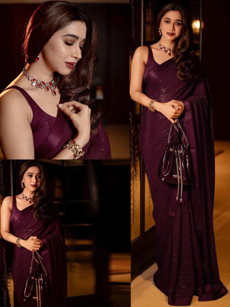 Wine Saree In Heavy Georgette With Sequence Work