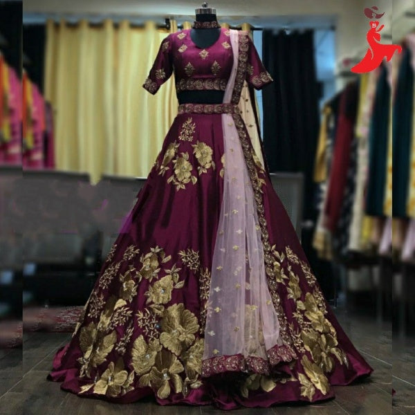 Wine Lehenga Choli In Malai Satin Silk With Embroidery Work