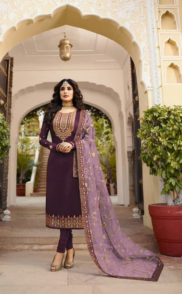 Wine Salwar Suit In Satin Georgette With Embroidery Work