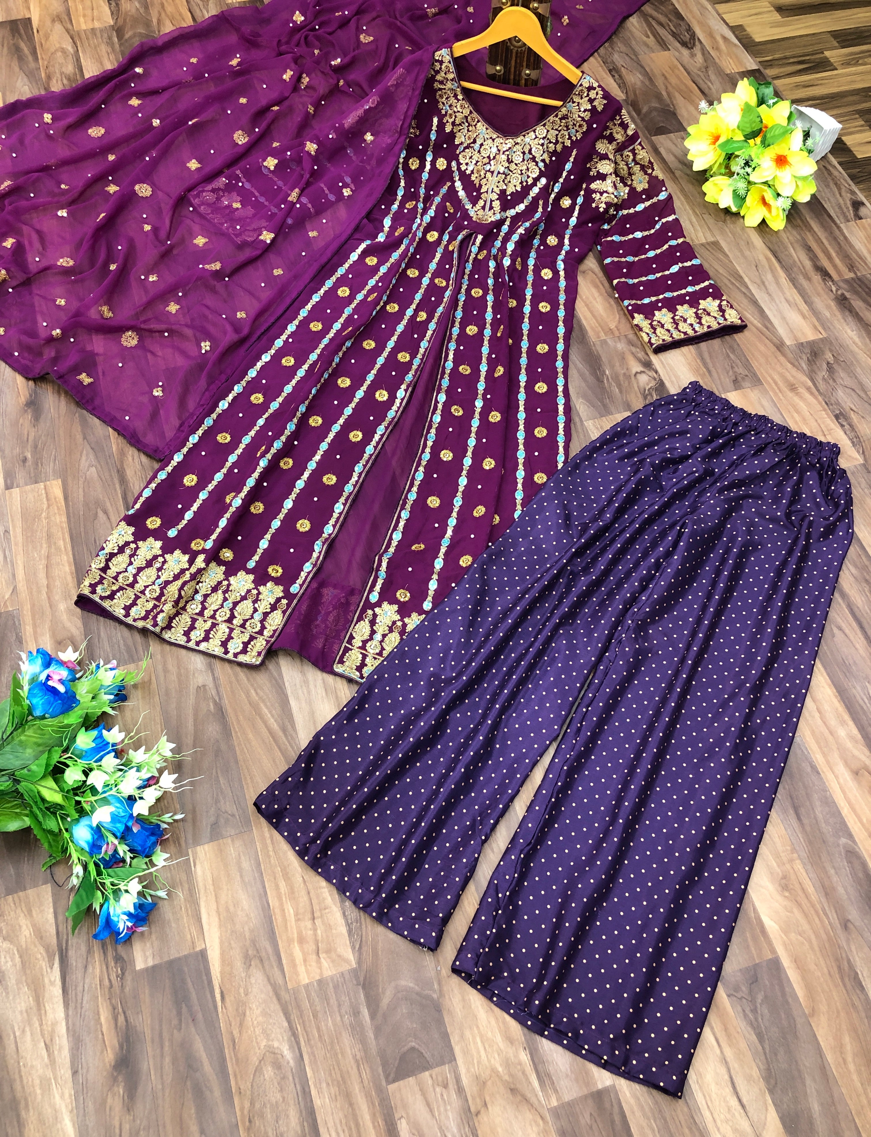 Wine Salwar Suit In 60 GM Georgette With Chain Stitch Work