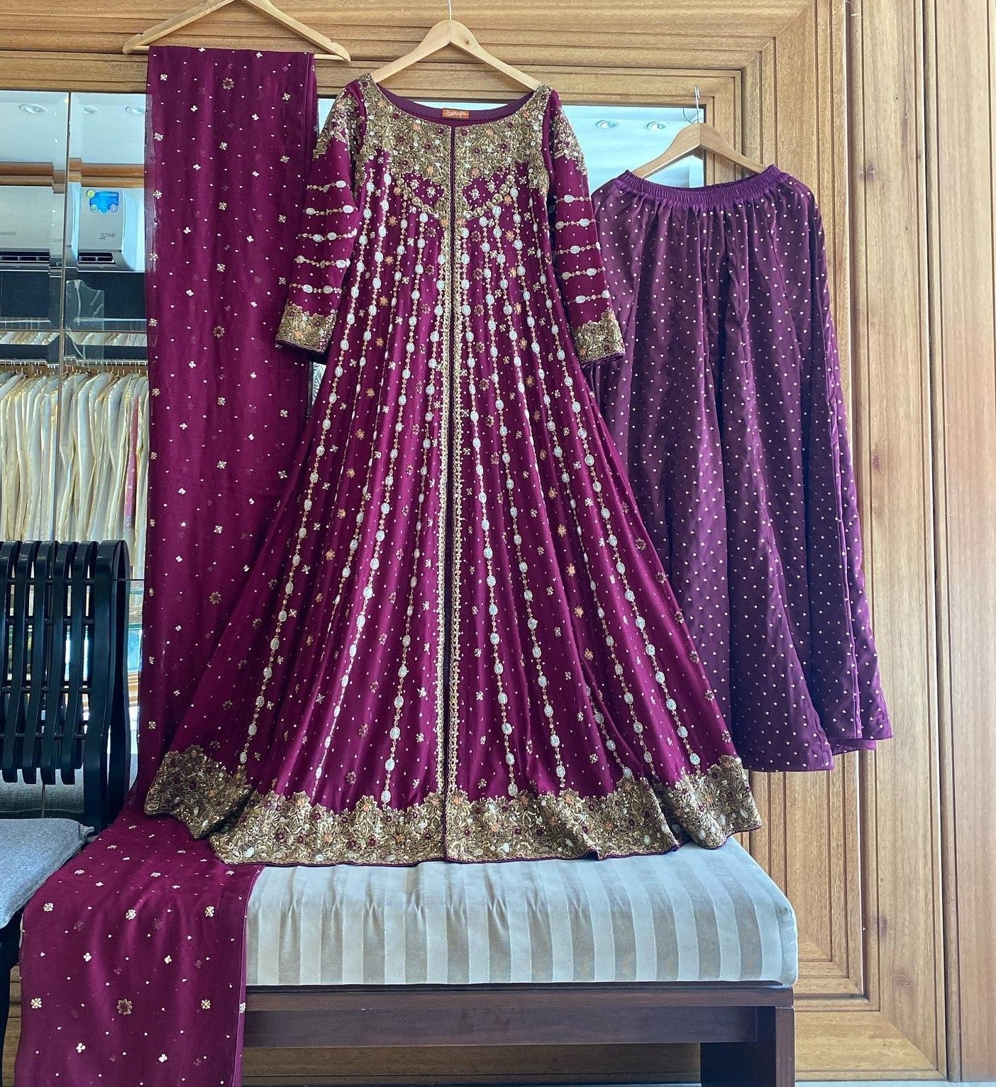 Wine Salwar Suit In 60 GM Georgette With Chain Stitch Work