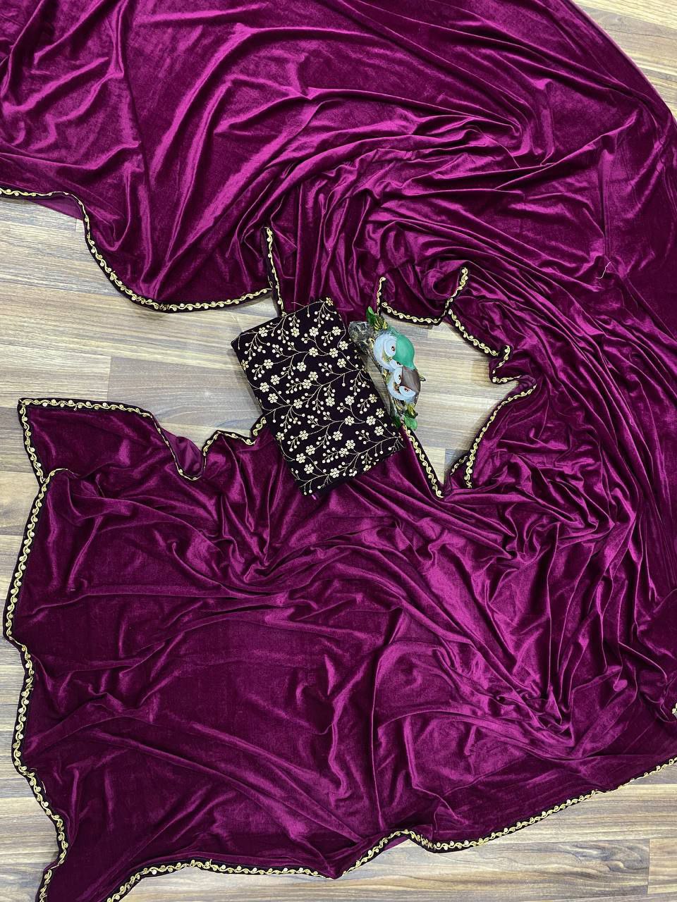 Wine Saree In 9000 Velvet With Embroidery Work