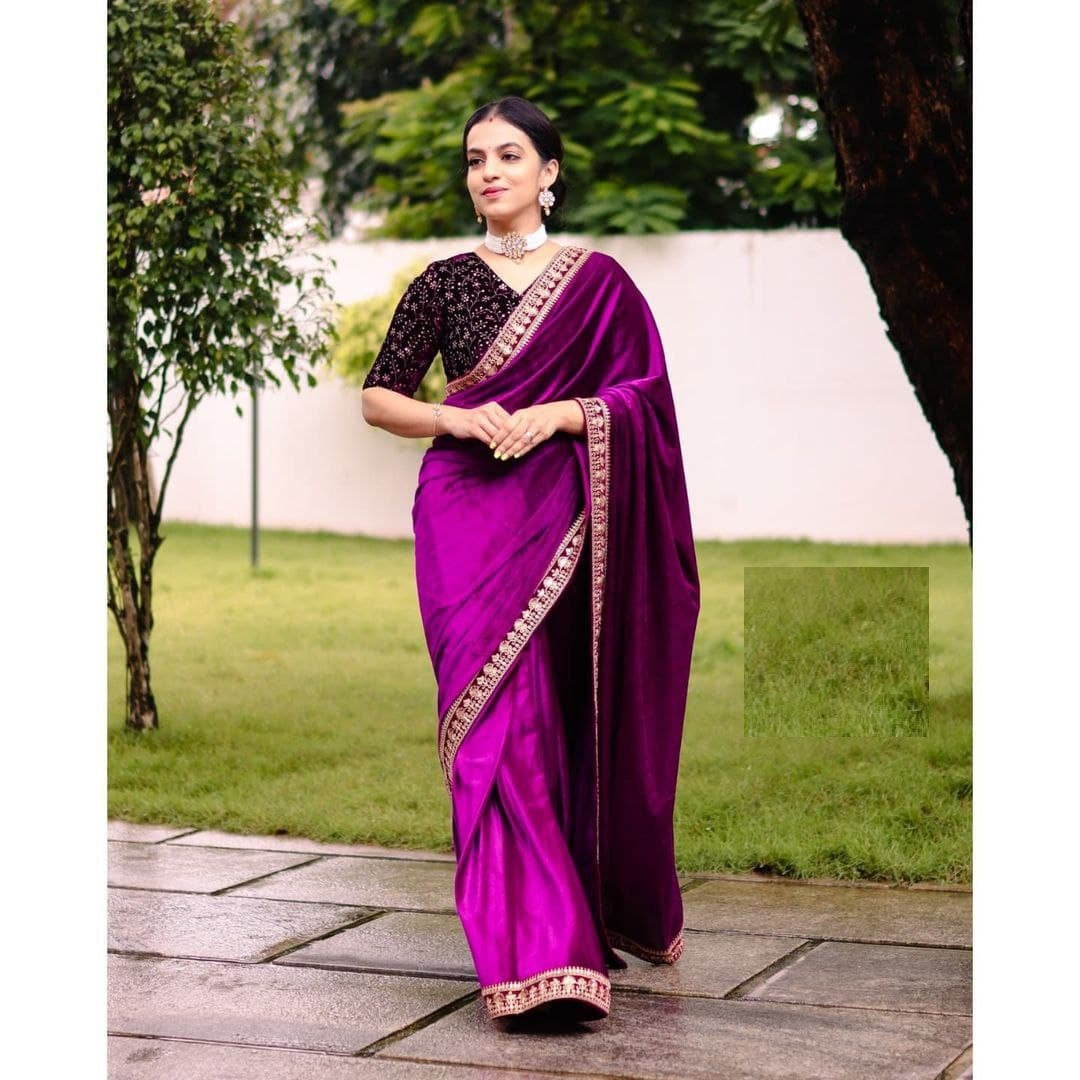 Wine Saree In 9000 Velvet With Sequence Dori Embroidery Work