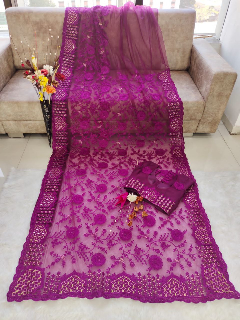 Wine Butterfly Mono Net Diamond Work Saree