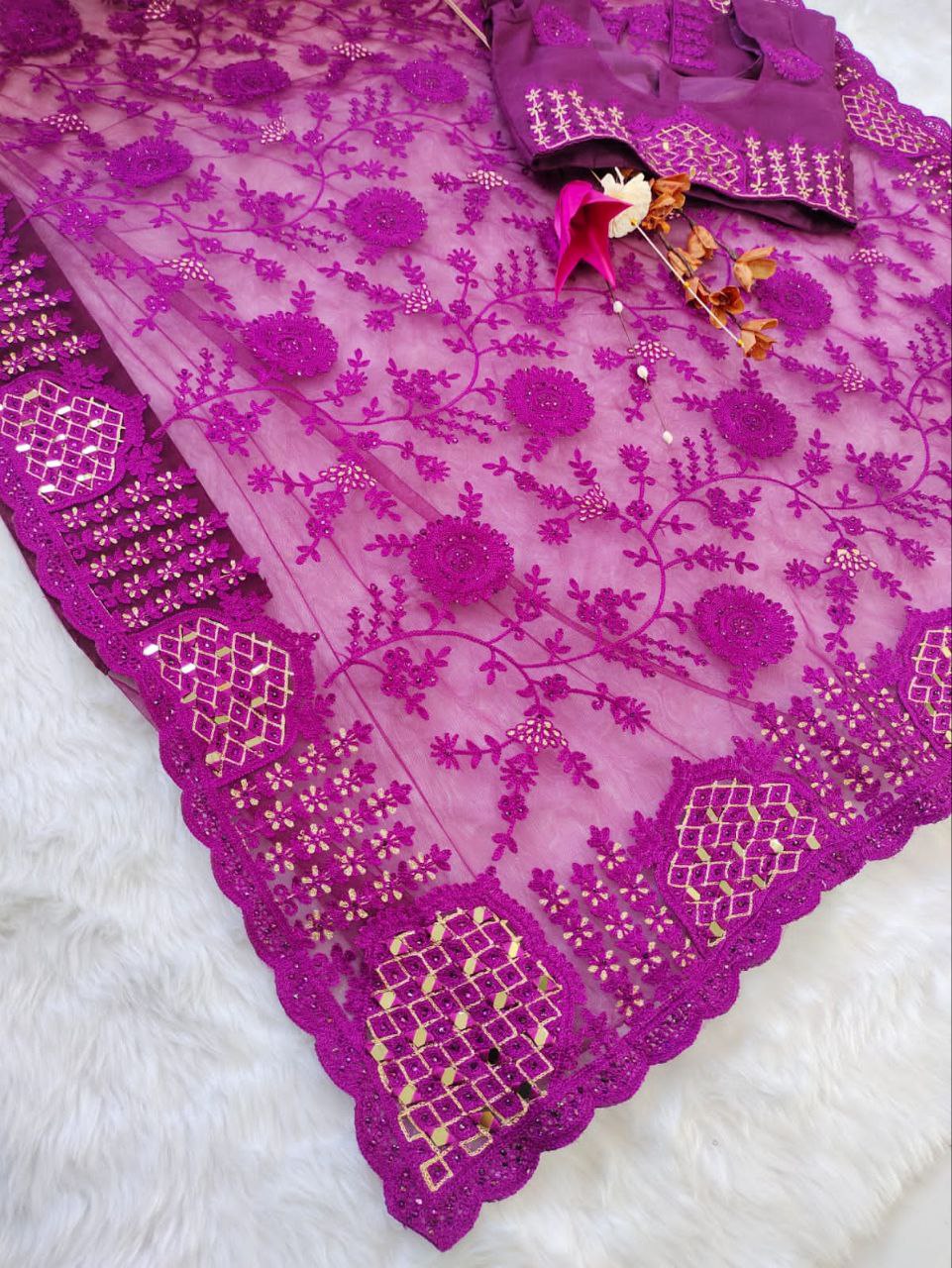 Wine Butterfly Mono Net Diamond Work Saree