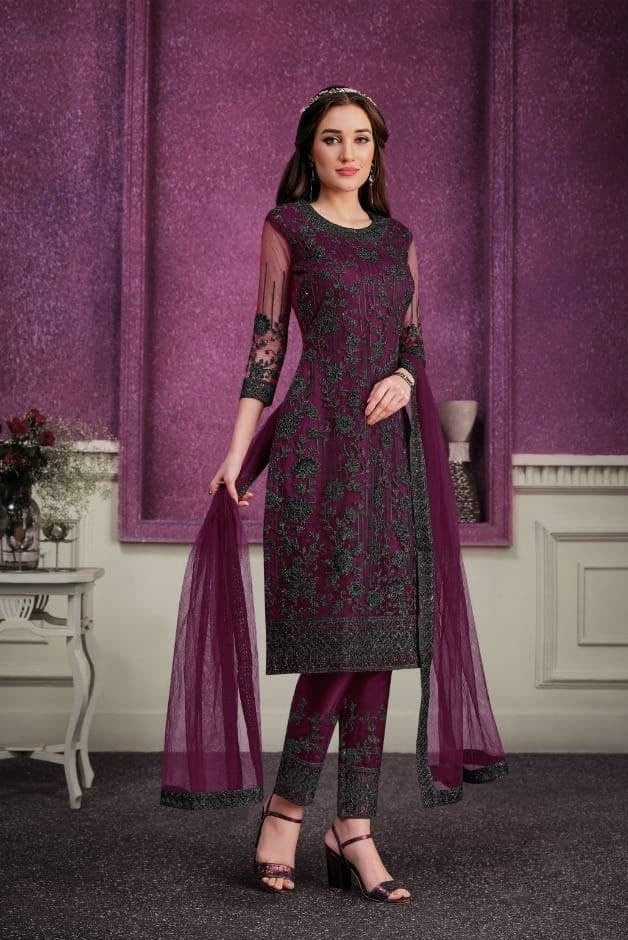 Wine Salwar Suit In Butterfly Mono Net With Embroidery Cording Work