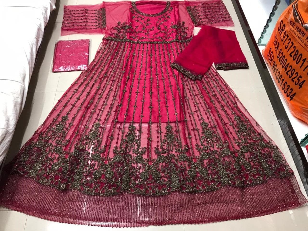 Wine Gown In Butterfly Mono Net With Embroidery Work