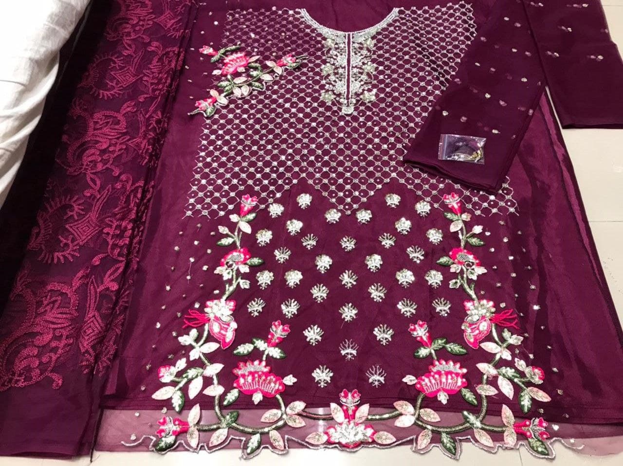 Wine Sharara Suit In Butterfly Mono Net With Embroidery Work