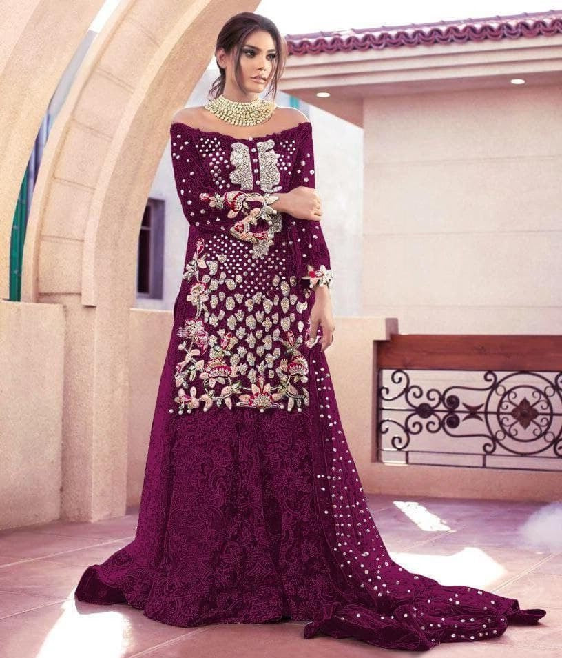 Wine Sharara Suit In Butterfly Mono Net With Embroidery Work