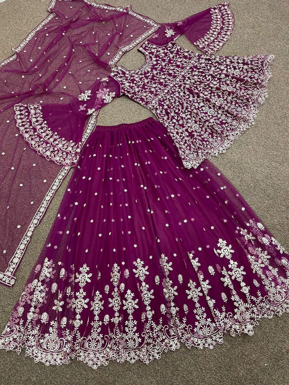 Wine Sharara Suit In Butterfly Mono Net With Embroidery Work